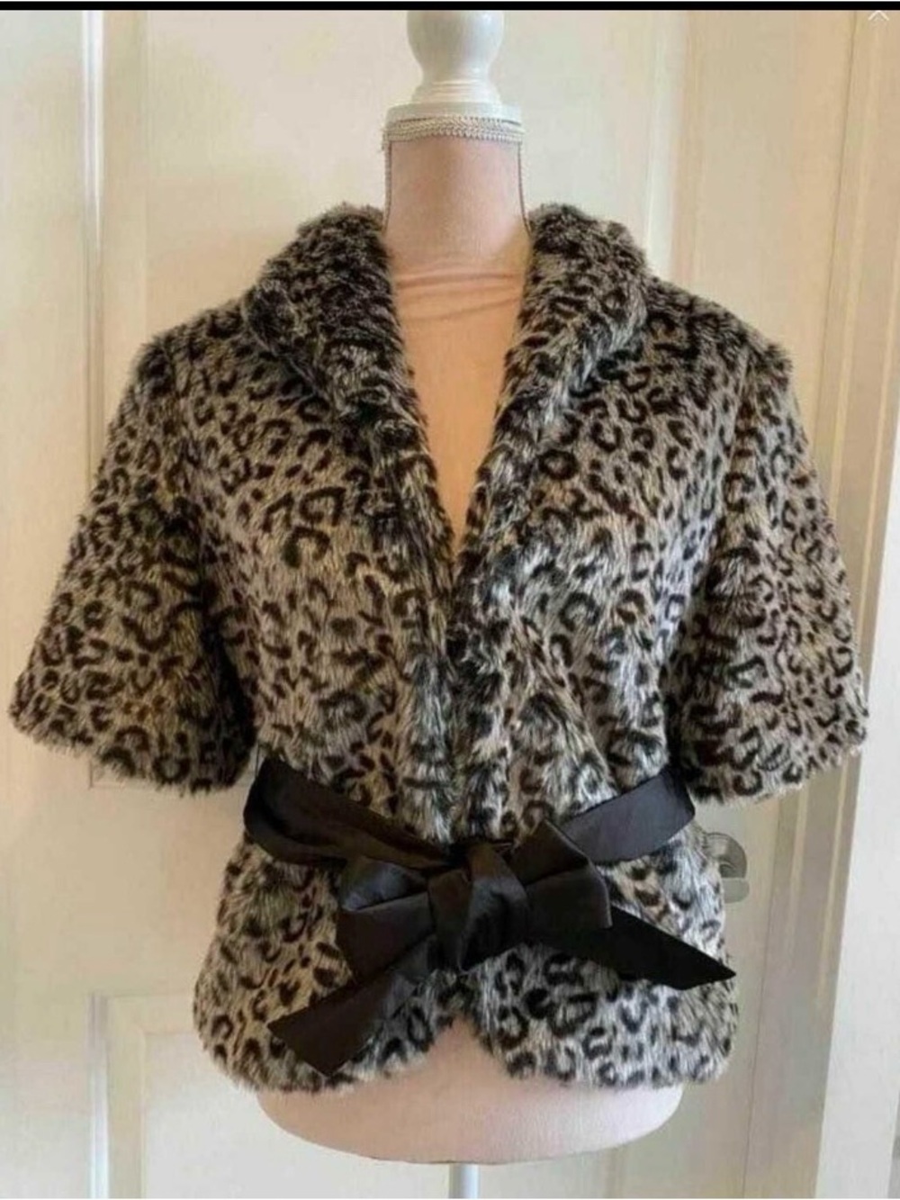 NWT - Leopard Print Faux Fur Short Teddy Jacket with Satin Waist Tie